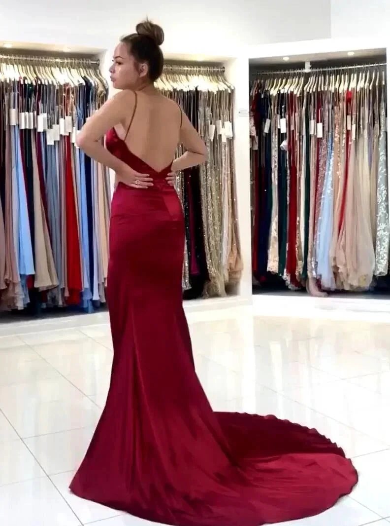 Burgundy Mermaid V-neck Backless Long Prom Dress With Slit by BIZTUNNEL