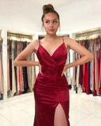 Burgundy Mermaid V-neck Backless Long Prom Dress With Slit by BIZTUNNEL