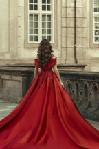 Burgundy Off-the-shoulder A-Line Satin Wedding Dresses Bridal Gowns With Lace by misshow.com