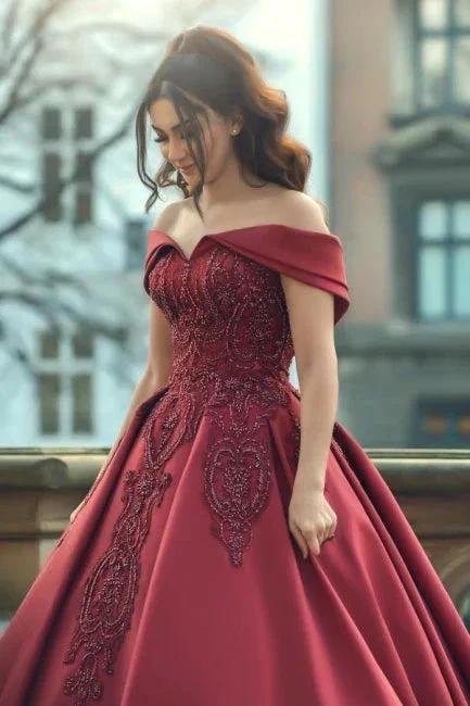 Burgundy Off-the-shoulder A-Line Satin Wedding Dresses Bridal Gowns With Lace by misshow.com