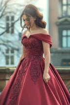 Burgundy Off-the-shoulder A-Line Satin Wedding Dresses Bridal Gowns With Lace by misshow.com