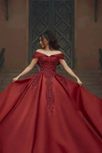 Burgundy Off-the-shoulder A-Line Satin Wedding Dresses Bridal Gowns With Lace by misshow.com