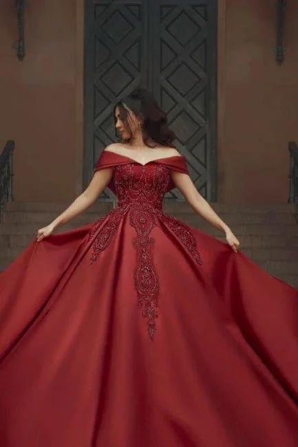 Burgundy Off-the-shoulder A-Line Satin Wedding Dresses Bridal Gowns With Lace by misshow.com