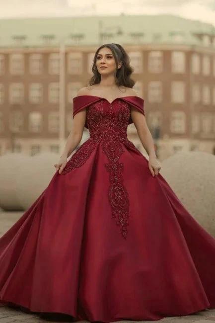 Burgundy Off-the-shoulder A-Line Satin Wedding Dresses Bridal Gowns With Lace by misshow.com