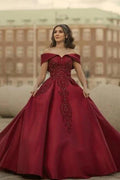 Burgundy Off-the-shoulder A-Line Satin Wedding Dresses Bridal Gowns With Lace by misshow.com