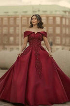 Burgundy Off-the-shoulder A-Line Satin Wedding Dresses Bridal Gowns With Lace by misshow.com