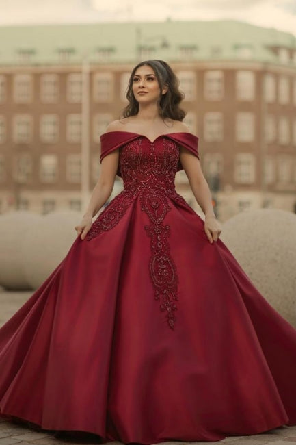 Burgundy Off-the-shoulder A-Line Satin Wedding Dresses Bridal Gowns With Lace Hover Image