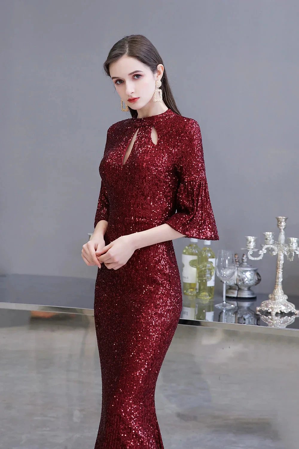 Burgundy Short Sleeve Sequins Long Prom Dress by BIZTUNNEL