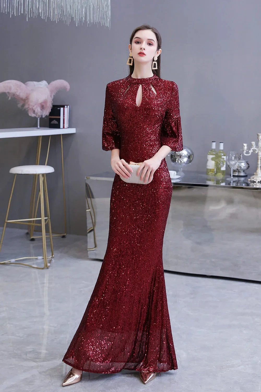 Burgundy Short Sleeve Sequins Long Prom Dress by BIZTUNNEL
