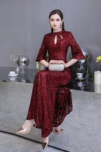 Burgundy Short Sleeve Sequins Long Prom Dress by BIZTUNNEL