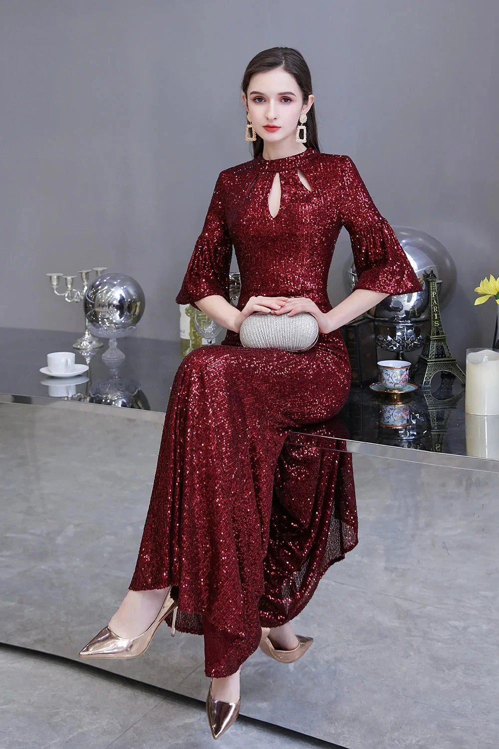 Burgundy Short Sleeve Sequins Long Prom Dress by BIZTUNNEL