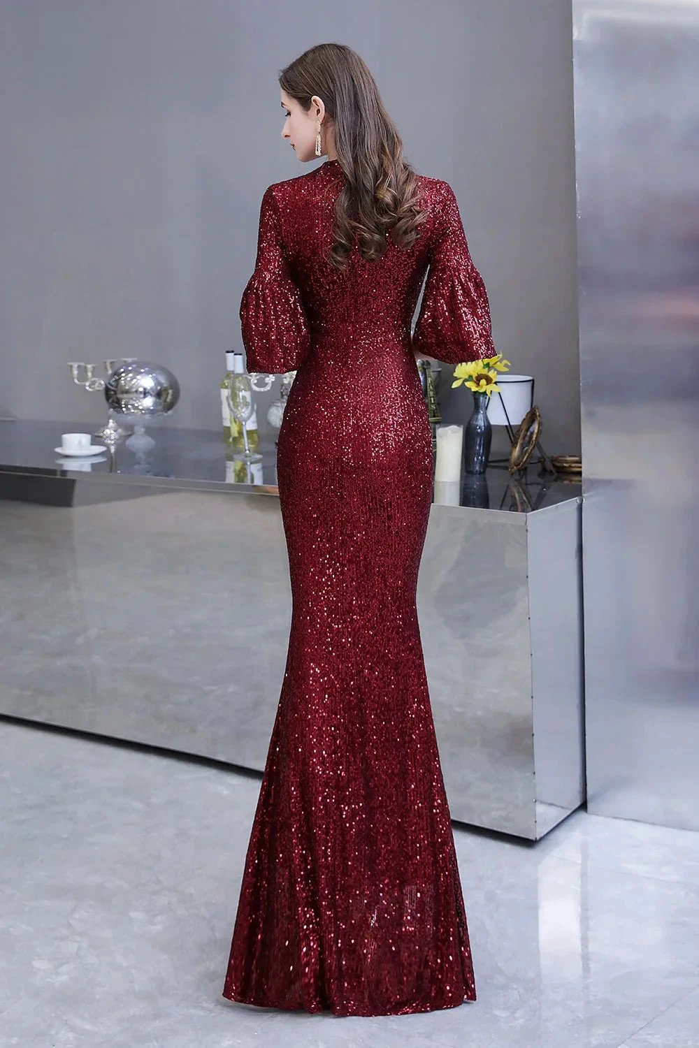 Burgundy Short Sleeve Sequins Long Prom Dress by BIZTUNNEL