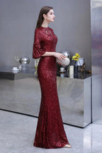 Burgundy Short Sleeve Sequins Long Prom Dress by BIZTUNNEL