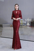 Burgundy Short Sleeve Sequins Long Prom Dress by BIZTUNNEL