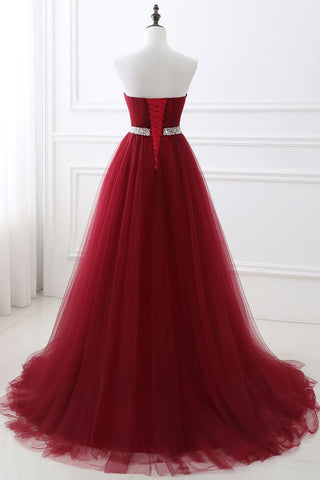 Vestido de fiesta de tul burdeos con escote en forma de A y escote en forma de corazón