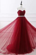 Burgundy Tulle A-line Sweetheart Prom Dress by misshow.com