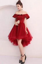 Burgundy Tulle Off Shoulder Short Prom Dress Burgundy Homecoming Dress PD220 by pgmdress