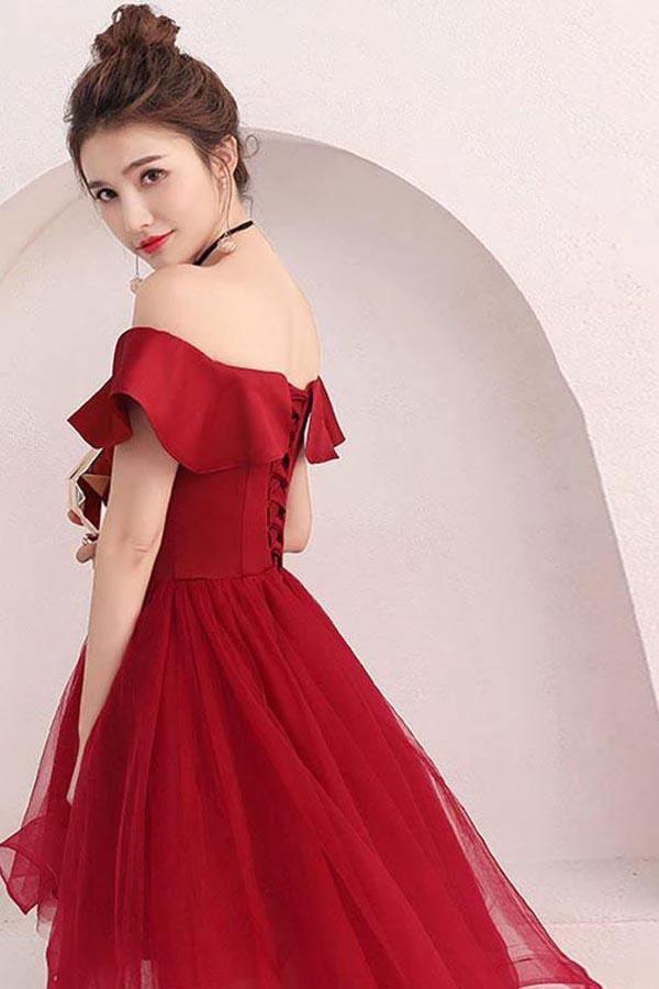 Burgundy Tulle Off Shoulder Short Prom Dress Burgundy Homecoming Dress PD220 by pgmdress