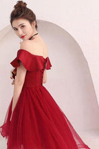 Burgundy Tulle Off Shoulder Short Prom Dress Burgundy Homecoming Dress PD220 by pgmdress