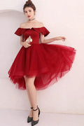 Burgundy Tulle Off Shoulder Short Prom Dress Burgundy Homecoming Dress PD220 by pgmdress