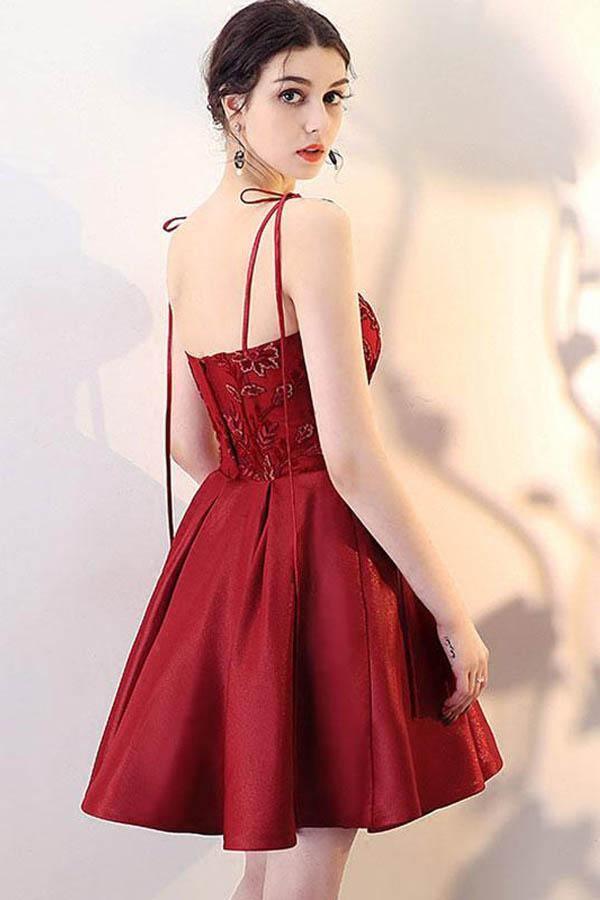Burgundy V Neck Lace Short Prom Dress Homecoming Dress PD142 Main Image