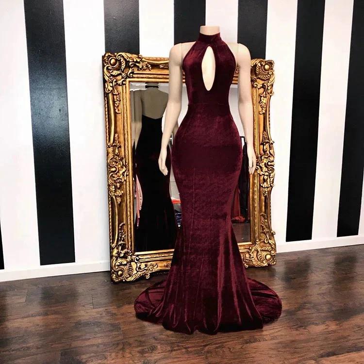 Burgundy Velvet Mermaid Long Evening Gowns by misshow.com