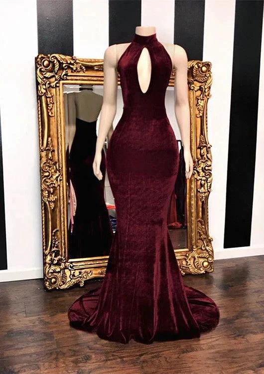 Burgundy Velvet Mermaid Long Evening Gowns by misshow.com