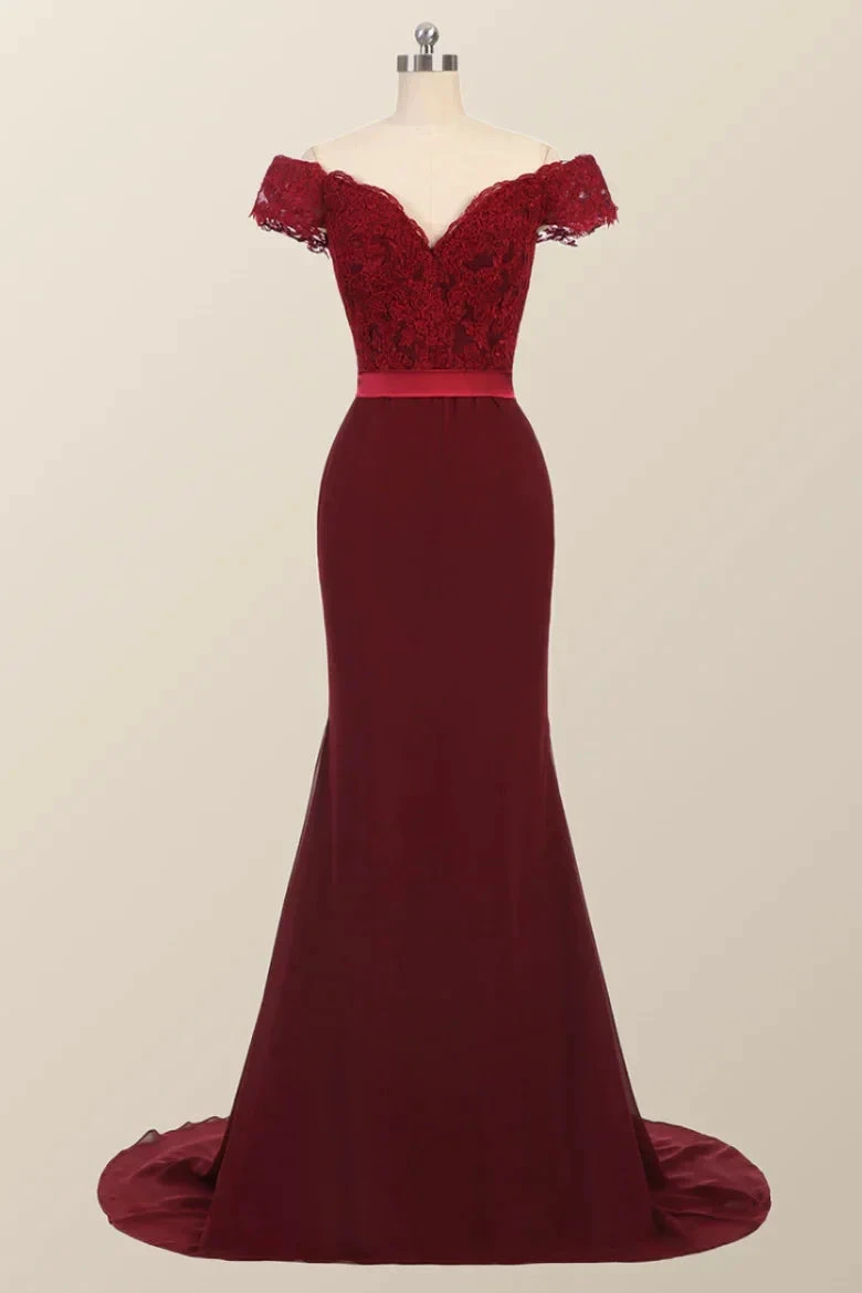Lace Burgundy Bridesmaid Dress Off-the-Shoulder Mermaid Prom Dresses by MyChicDress