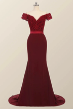 Lace Burgundy Bridesmaid Dress Off-the-Shoulder Mermaid Prom Dresses by MyChicDress