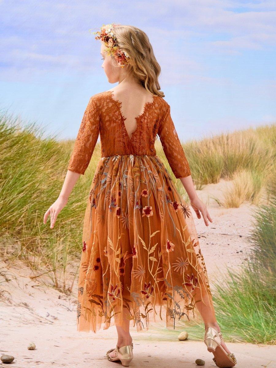 Burnt Orange Lace Tulle Embroidered Ankle Length Flower Girl Dress - photo 4