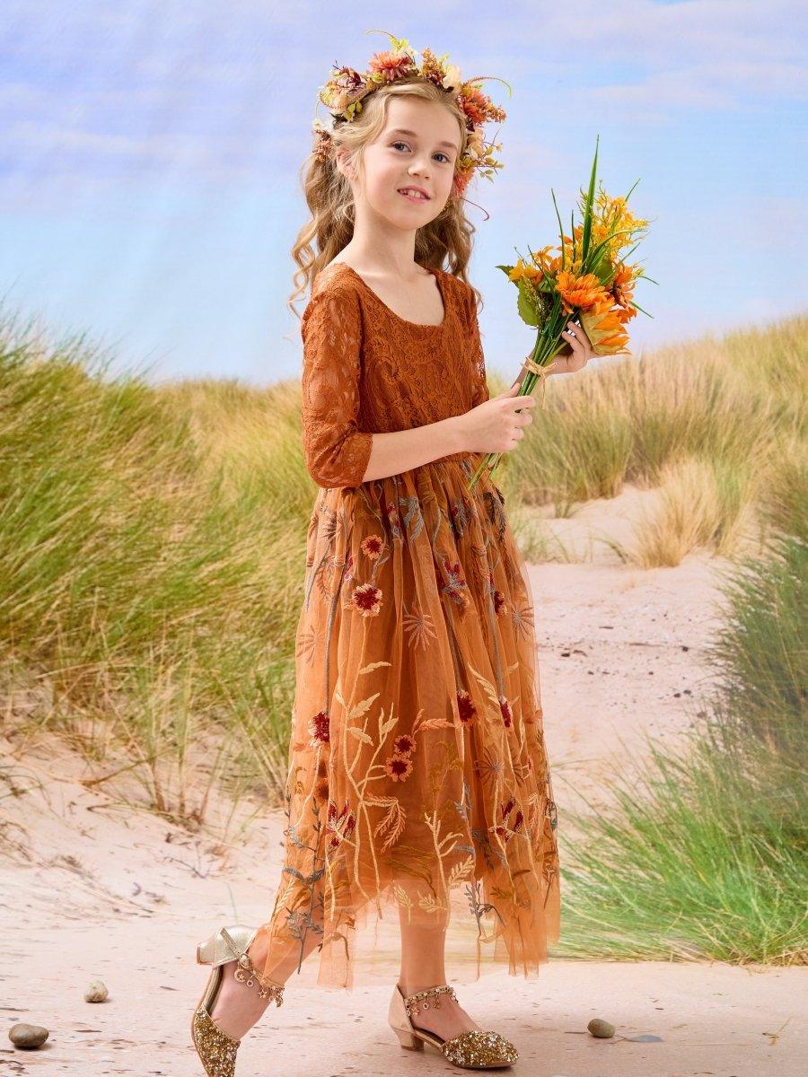 Burnt Orange Lace Tulle Embroidered Ankle Length Flower Girl Dress - photo 1