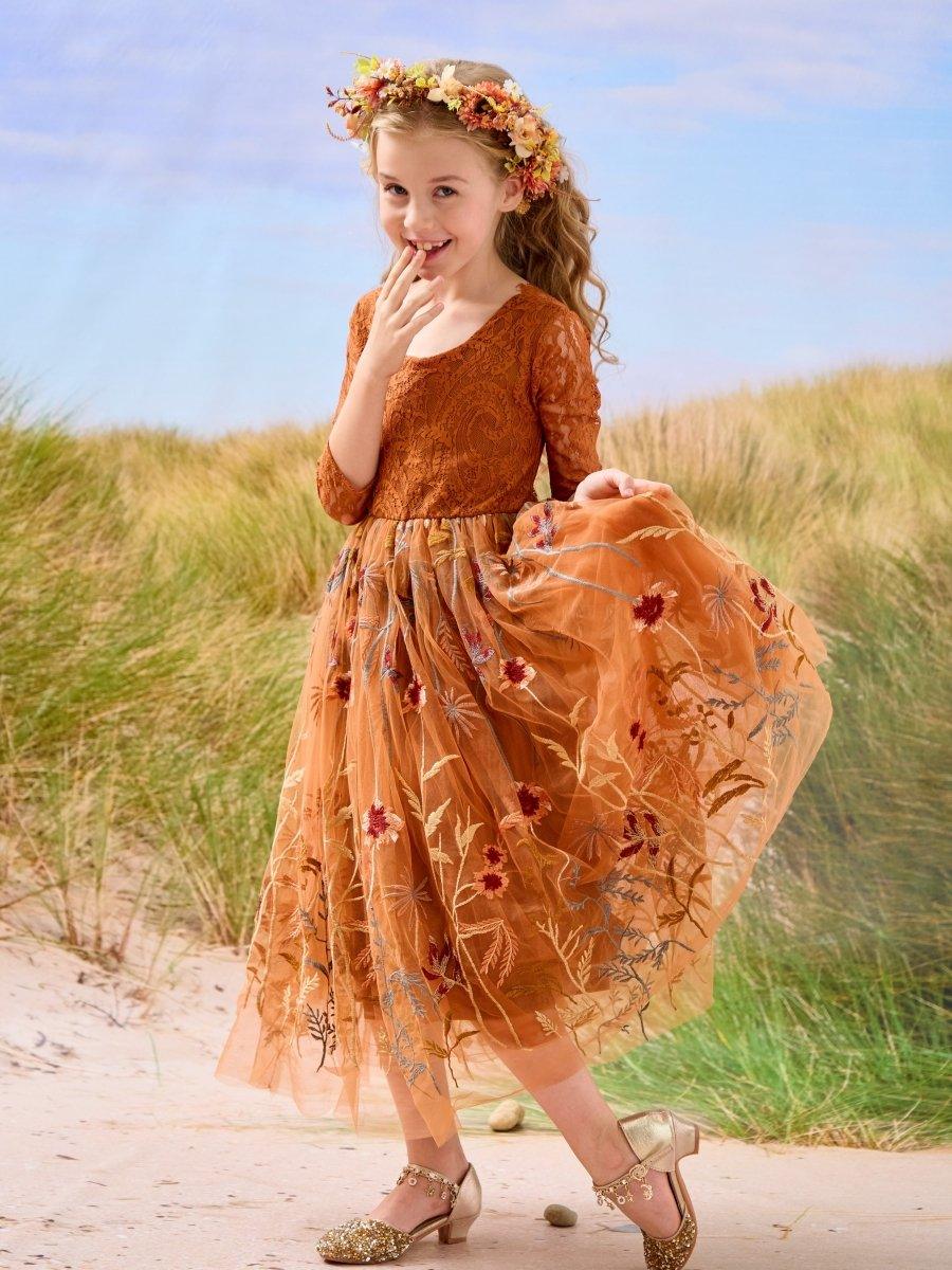 Burnt Orange Lace Tulle Embroidered Ankle Length Flower Girl Dress - photo 5