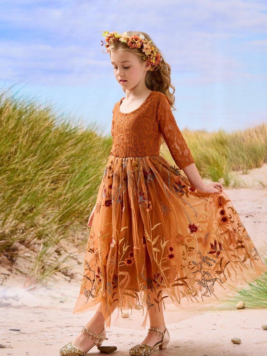 Burnt Orange Lace Tulle Embroidered Ankle Length Flower Girl Dress - photo 3