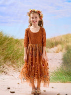 Burnt Orange Lace Tulle Embroidered Ankle Length Flower Girl Dress - photo 2