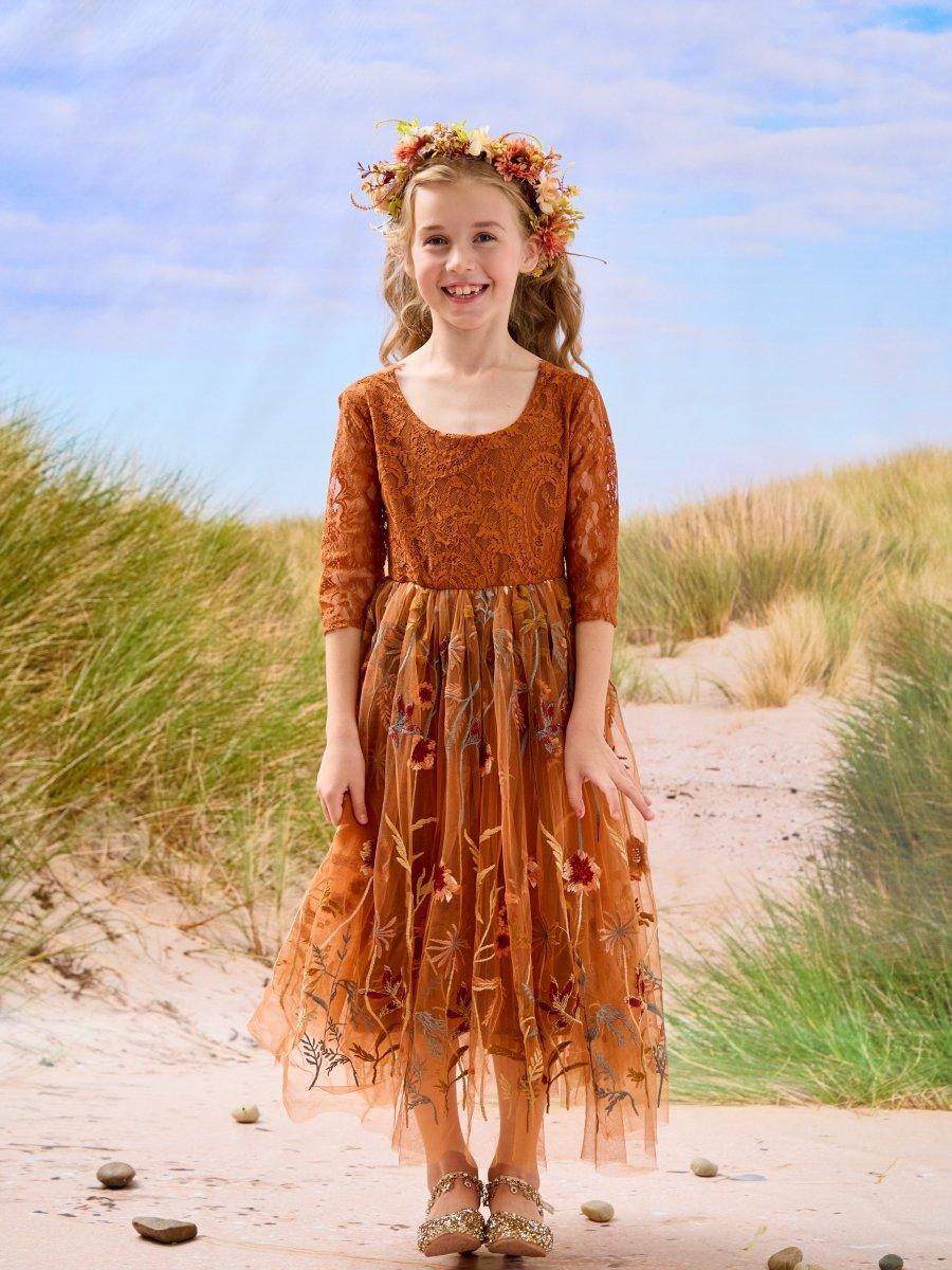 Burnt Orange Lace Tulle Embroidered Ankle Length Flower Girl Dress - photo 2