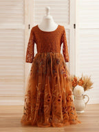 Burnt Orange Lace Tulle Embroidered Ankle Length Flower Girl Dress - photo 6