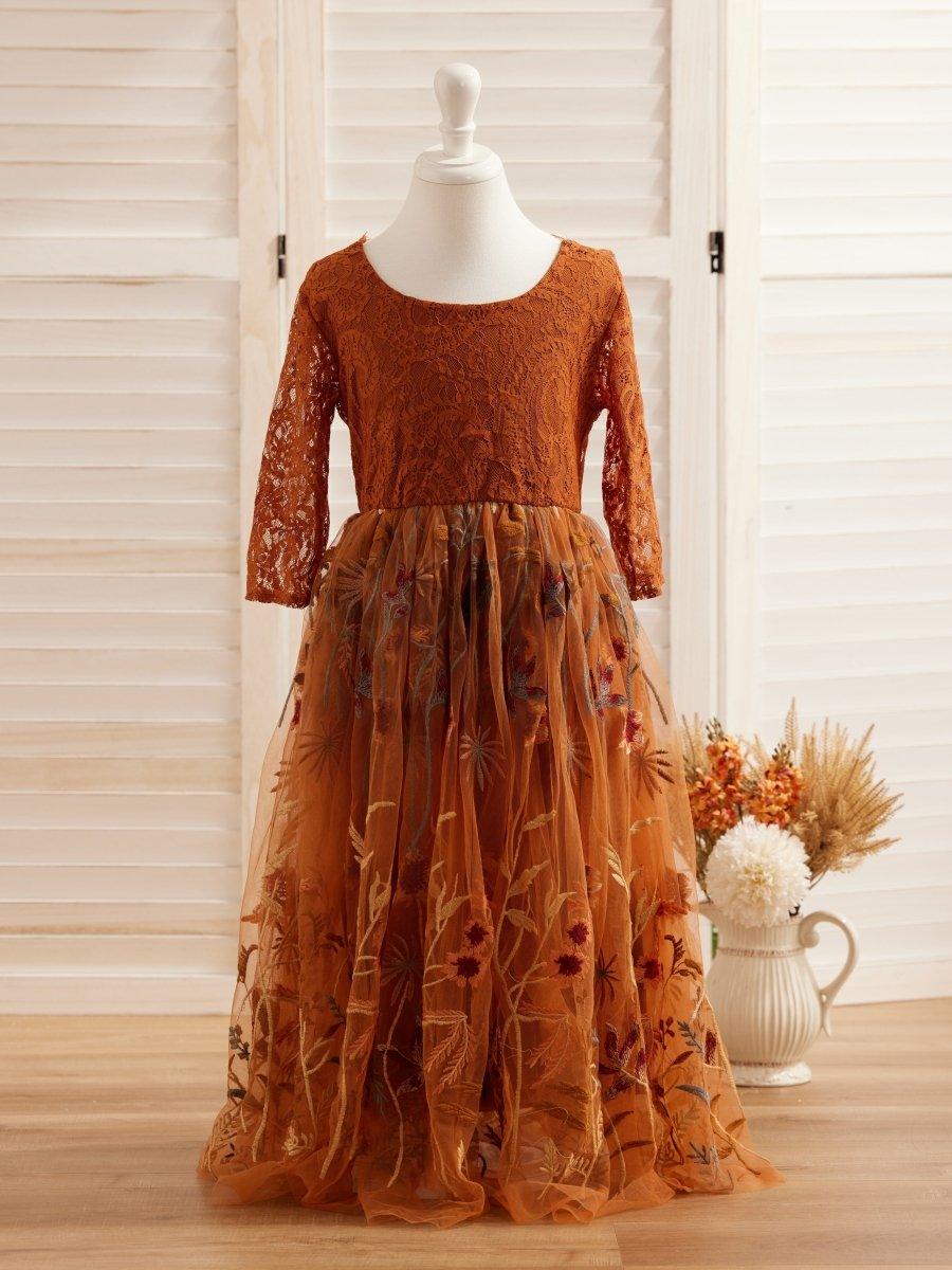Burnt Orange Lace Tulle Embroidered Ankle Length Flower Girl Dress - photo 6