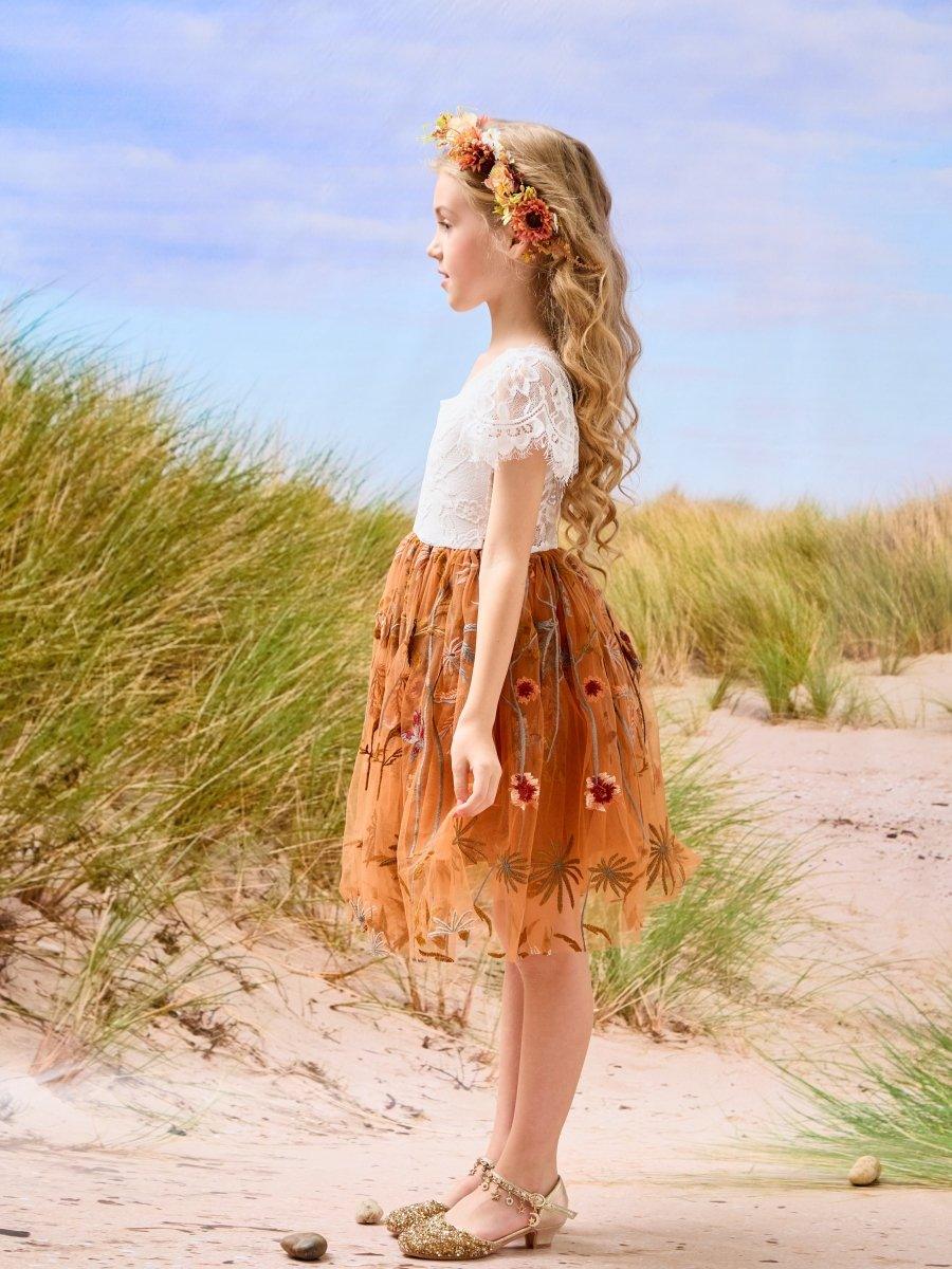 Burnt Orange White Lace Tulle Embroidered Knee Length Flower Girl Dress - photo 1