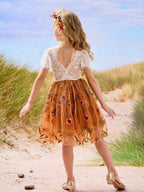 Burnt Orange White Lace Tulle Embroidered Knee Length Flower Girl Dress - photo 4