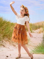 Burnt Orange White Lace Tulle Embroidered Knee Length Flower Girl Dress - photo 5