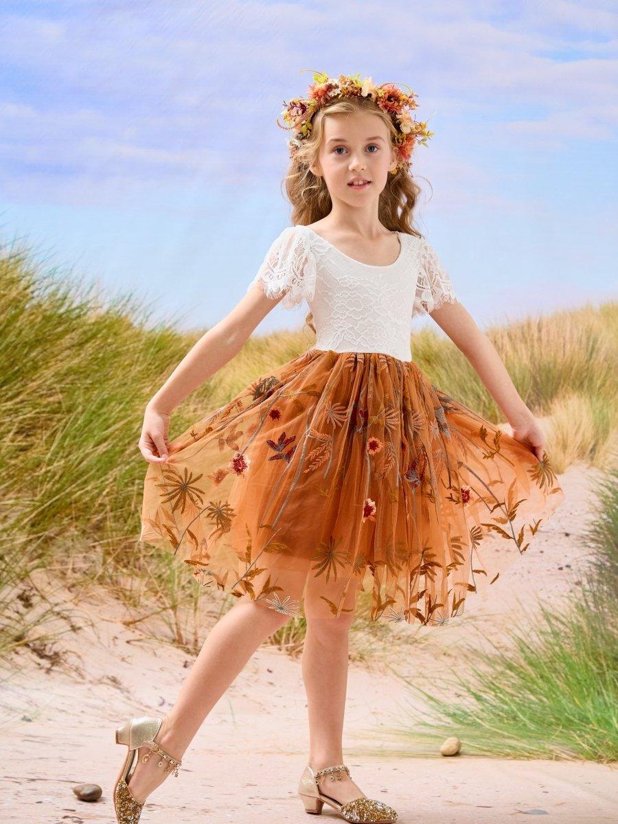 Burnt Orange White Lace Tulle Embroidered Knee Length Flower Girl Dress - photo 2