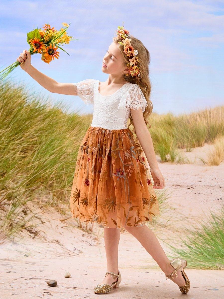 Burnt Orange White Lace Tulle Embroidered Knee Length Flower Girl Dress - photo 3