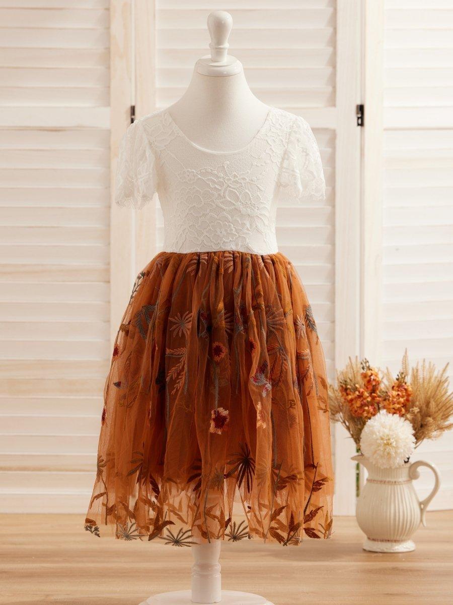 Burnt Orange White Lace Tulle Embroidered Knee Length Flower Girl Dress - photo 6