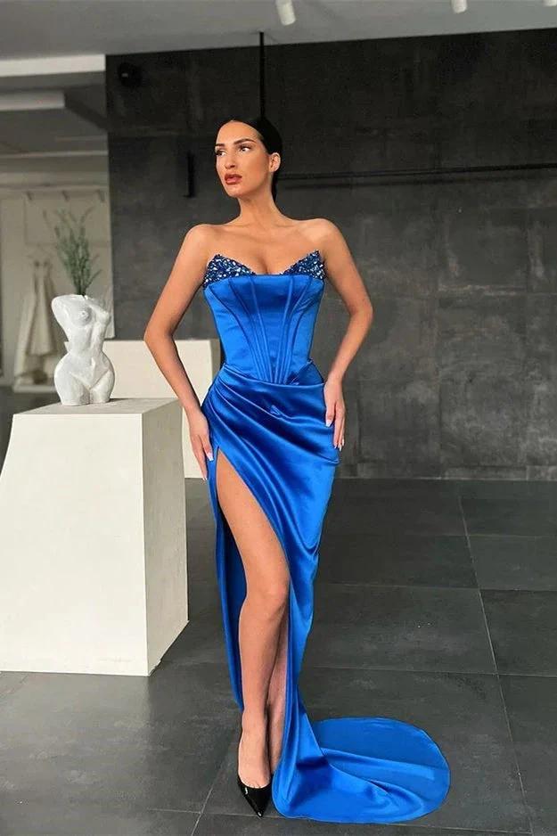 Robe de bal longue sirène bleu royal en satin avec décolleté cœur et fente