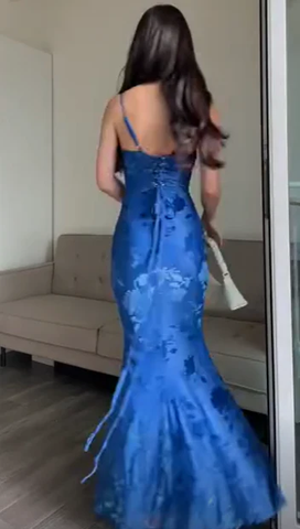 Vestido de noche largo estilo sirena con estampado azul encantador, vestido de fiesta Y7490