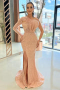 Long Sleeves Mermaid One Shoulder Sequins Prom Dress with Slit by BIZTUNNEL