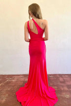Patrice | Simple Mermaid Red Satin One Shoulder Long Prom Dress with Slit by KissProm