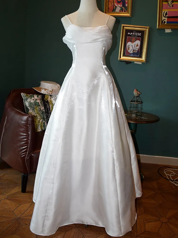 Elegante vestido de fiesta de satén blanco con tirantes finos y corte princesa, corte A, vestido de noche Y7556