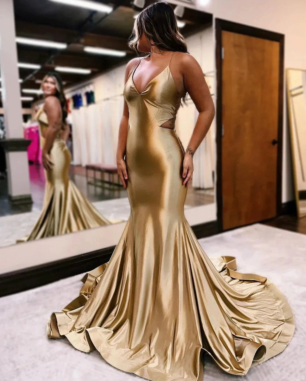 Elegant Long Mermaid V-neck Backless Formal Prom Dresses by BIZTUNNEL