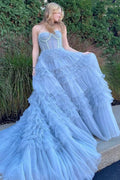 Jazlyn |Princess A-line Strapless Tiered Tulle Prom Dress by KissProm